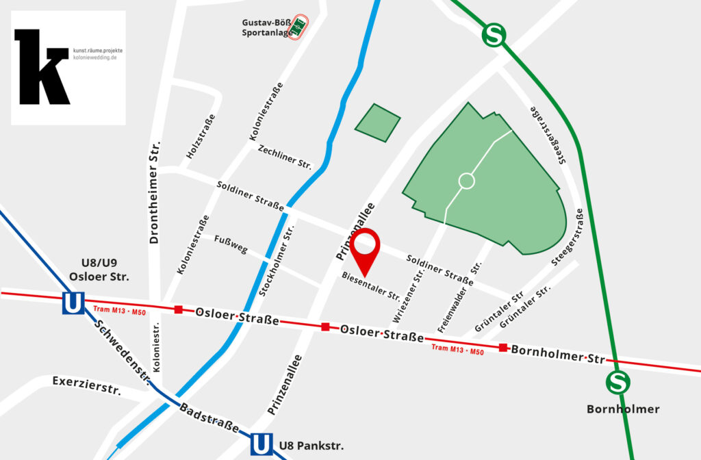 Die Karte zeigt einen Ausschnitt vom Berliner Stadtteil Wedding. Markiert ist die Biesentaler Straße 24. Markiert sind ebenso die nächsten U- und S-Bahn-Stationen: U8/U9 Osloer Str., U8 Pankstraße, S Bornholmer Straße.
